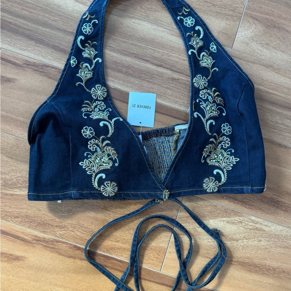 Forever 21 Women's Navy Embroidered Halter Top